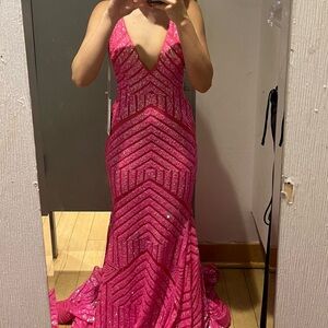 Pink Sequin V-Neck Evening Dress